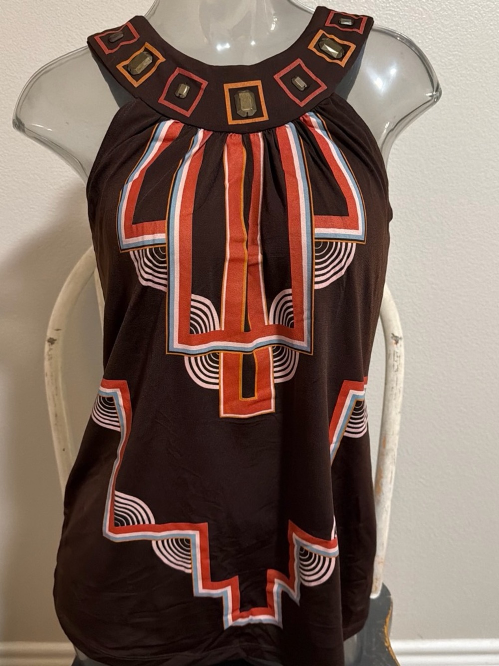 Women’s Brown Geometric Halter Tank Top with Orange Accents